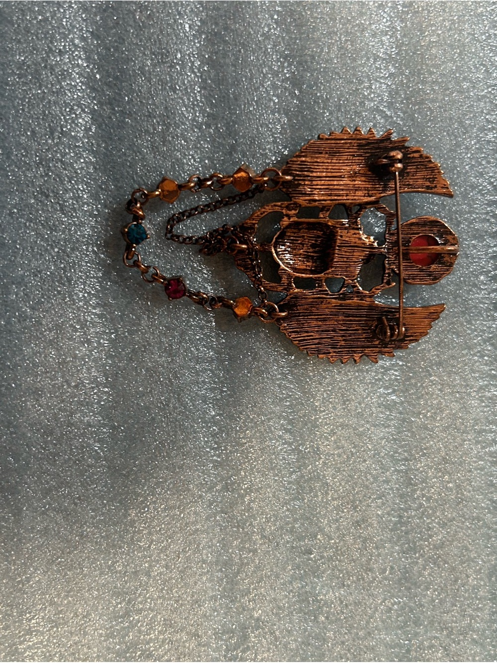 Source Unknown Blue and Coral Winged Scarab Brooch with Chain Drops - Picture 5 of 7